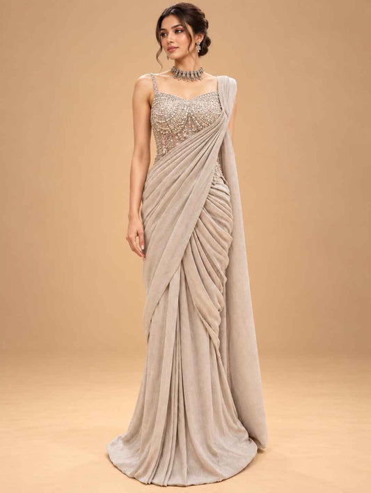 Champagne Beige Embellished Pre-Draped Saree with Beaded Blouse | Women's Occasion Wear