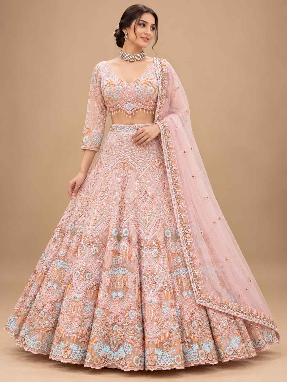 Pastel Peach Embroidered Lehenga Set with Dupatta | Women's Wedding Wear