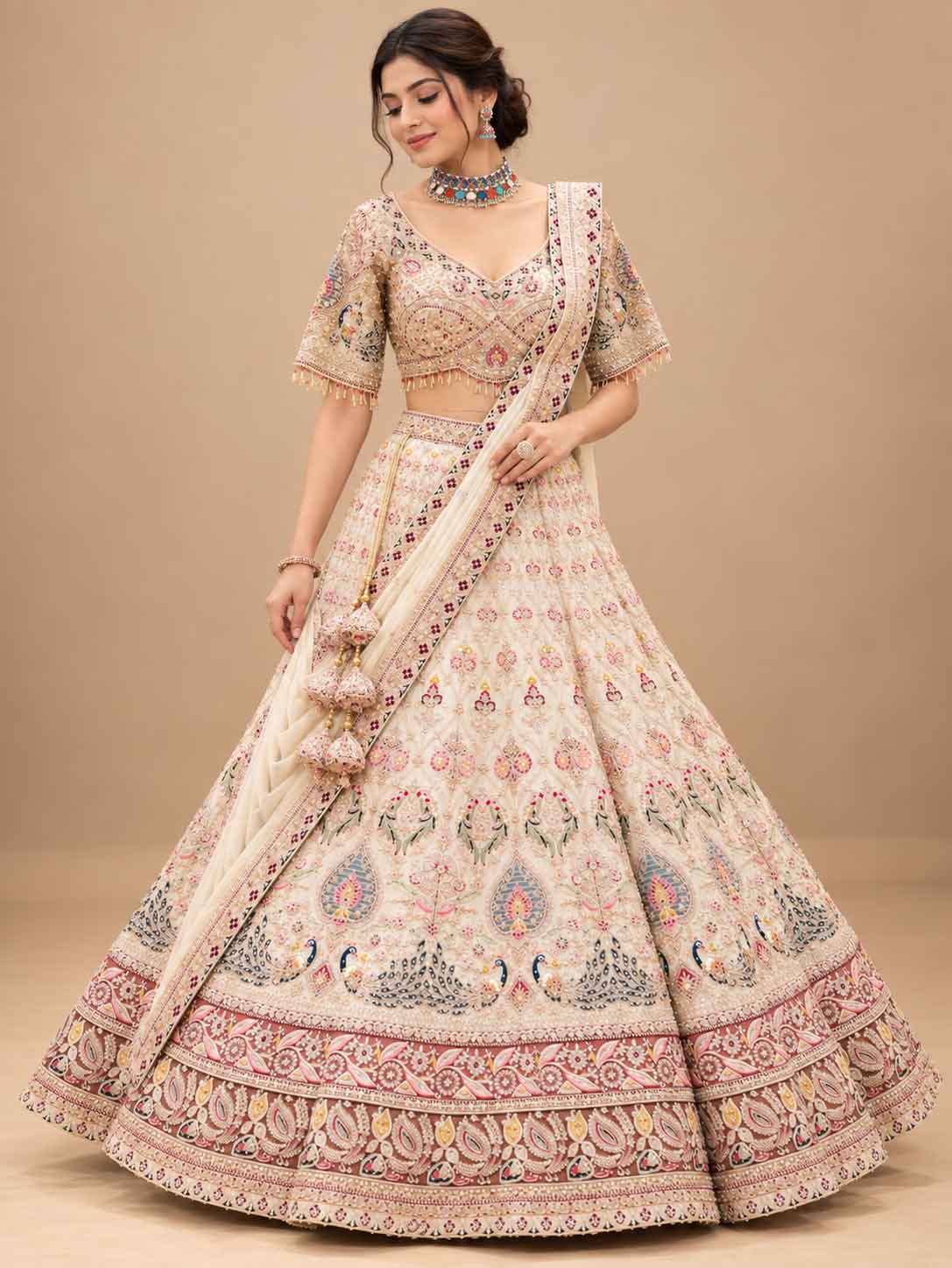 Ivory Multicolour Embroidered Lehenga Set with Dupatta | Women's Ethnic Wedding Wear