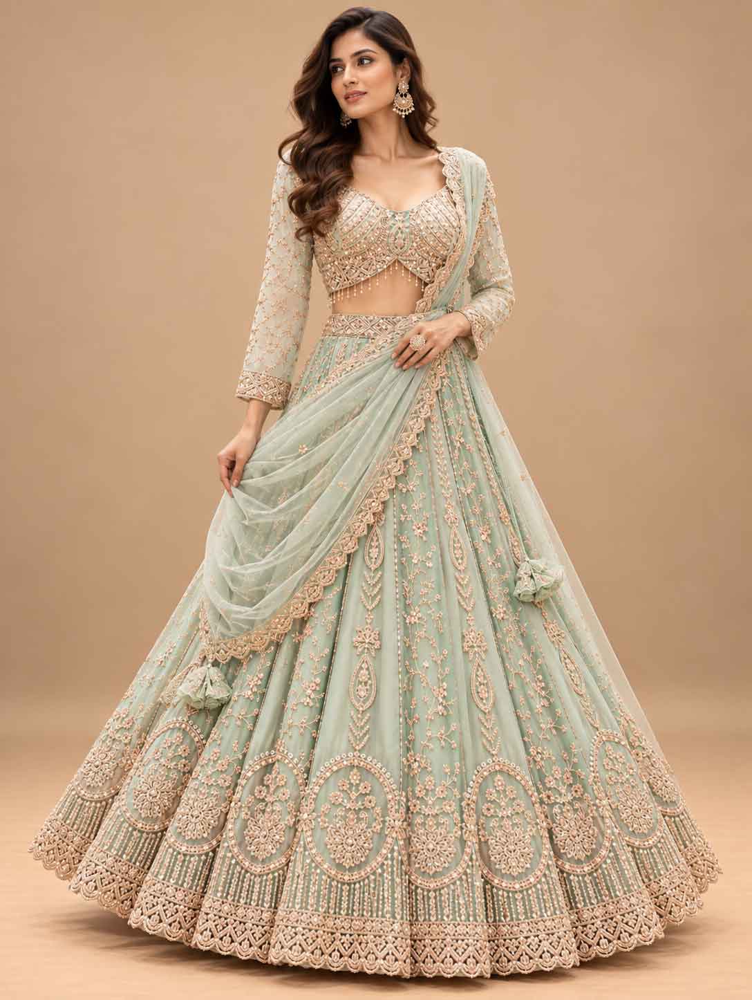 Sage Green Embroidered Lehenga Set with Dupatta | Women's Wedding Wear