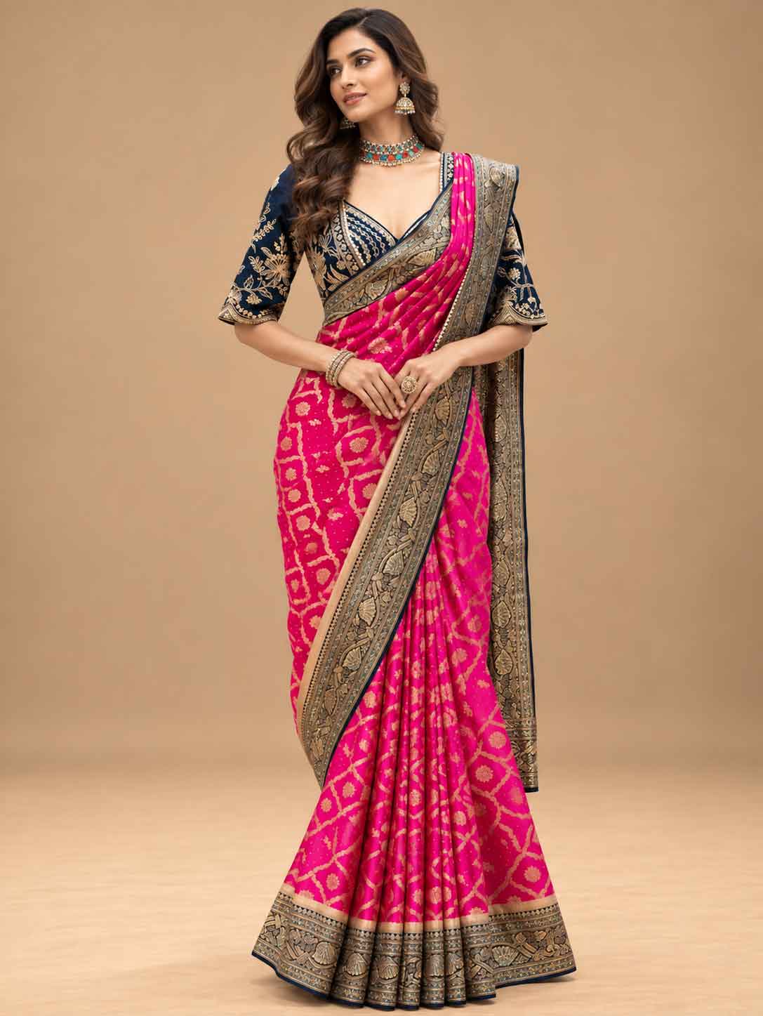 Hot Pink & Navy Blue Designer Saree with Embroidered Border | Women's Festive Wear
