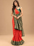 "Red Saree with Antique Gold & Green Border | Women's Festive Wear "