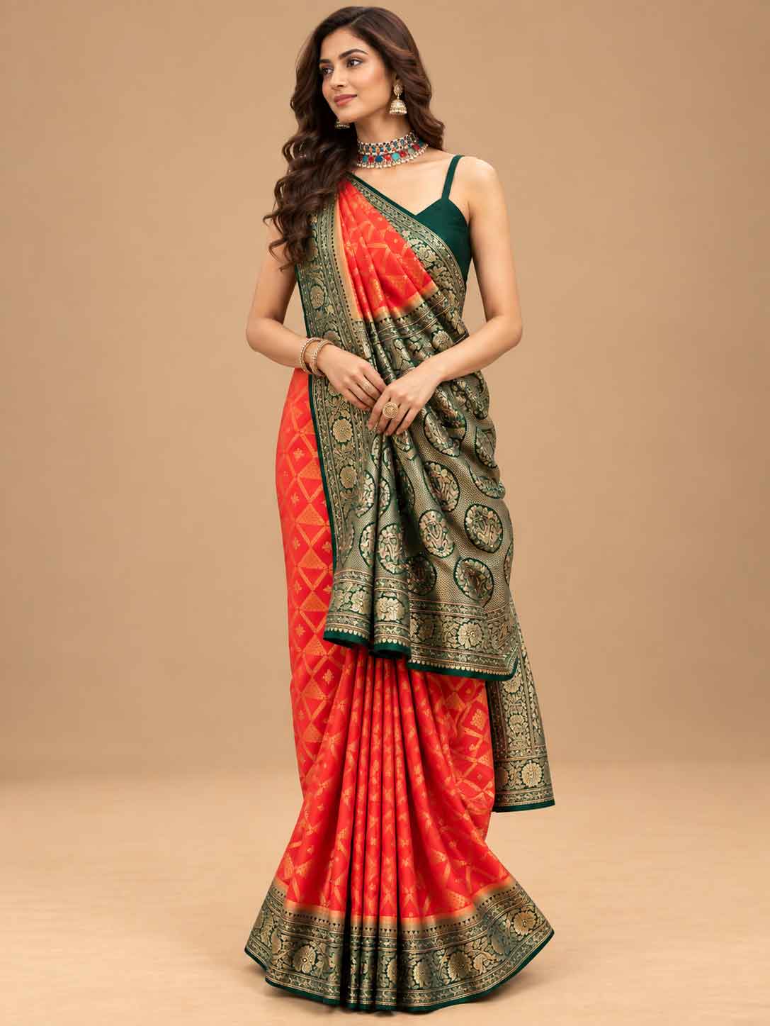 "Red Saree with Antique Gold & Green Border | Women's Festive Wear "