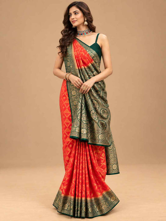 Red Saree with Antique Gold & Green Border – product view 1