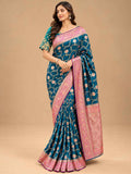 Deep Teal Blue Saree with Pink & Gold Border | Women's Festive Wear