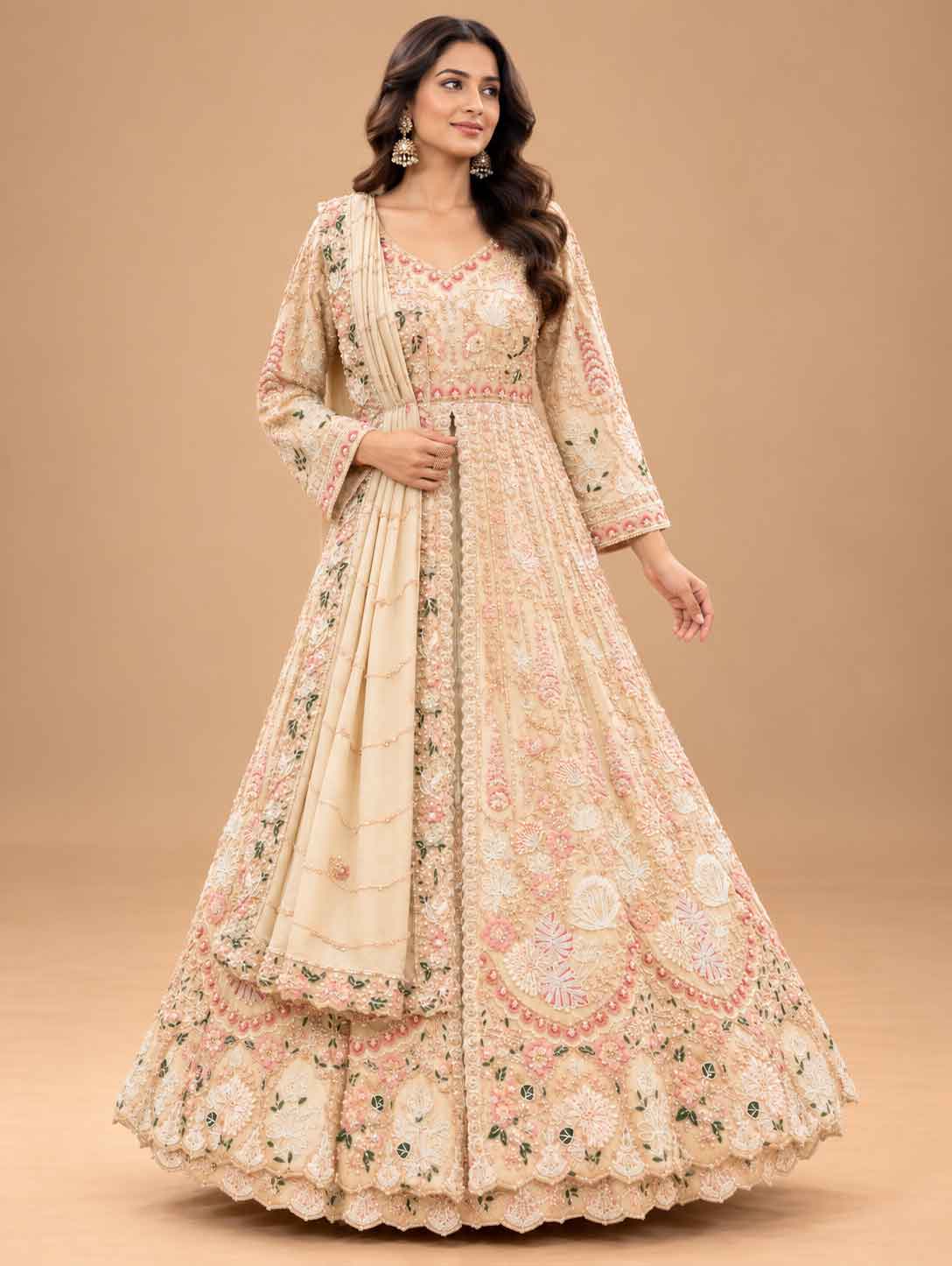 Ivory & Blush Pink Embroidered Anarkali Suit Set with Dupatta | Women's Ethnic Wear