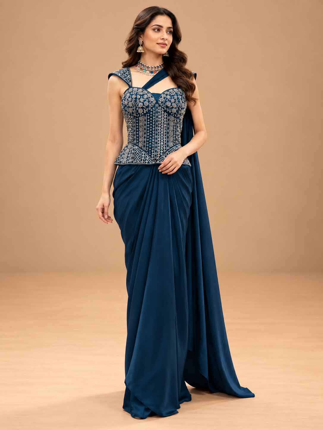Deep Navy Blue Embroidered Pre-Draped Saree Gown with Corset Blouse | Women's Occasion Wear