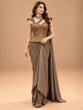 Taupe Brown Embroidered Pre-Draped Saree with Corset Blouse | Women's Party Wear