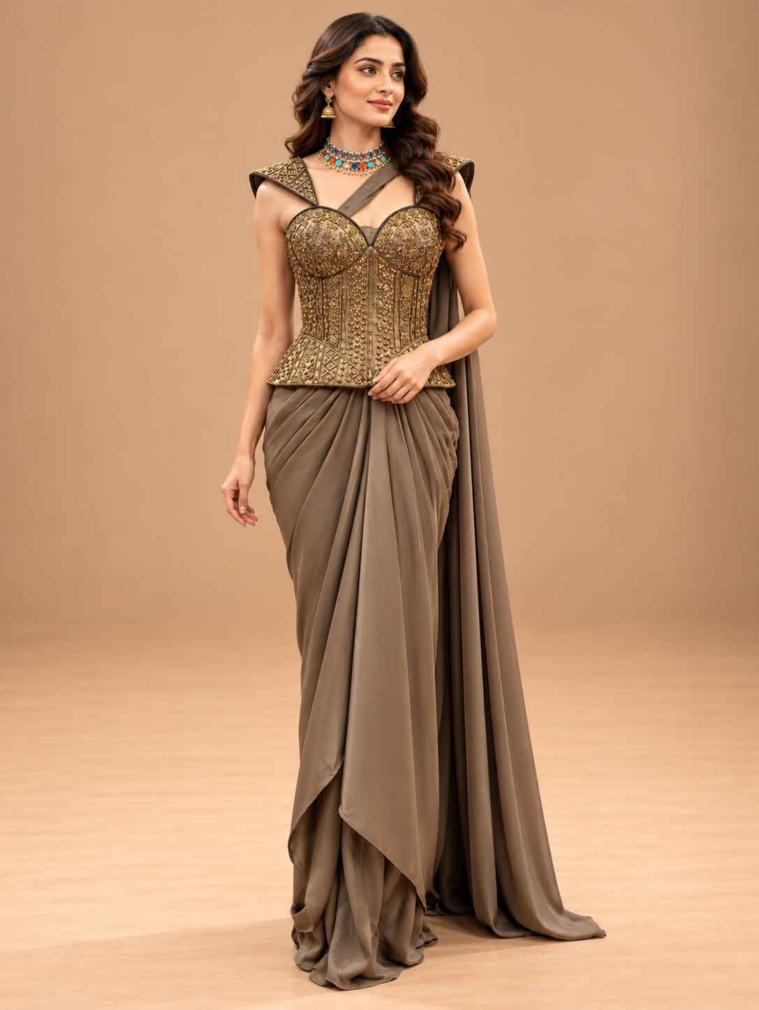 Taupe Brown Embroidered Pre-Draped Saree with Corset Blouse | Women's Party Wear