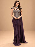 Deep Plum Embroidered Pre-Draped Saree with Corset Blouse | Women's Party Wear
