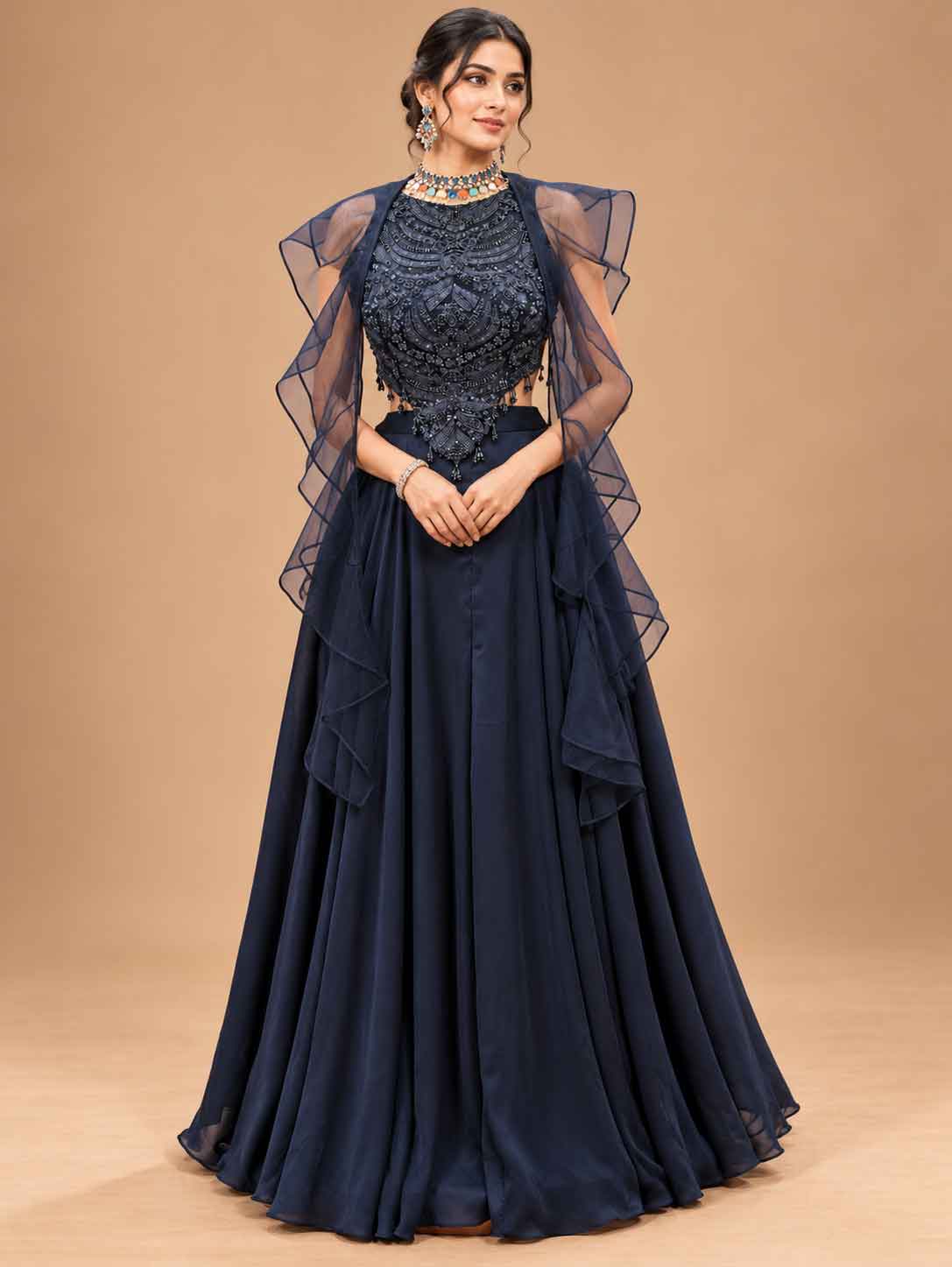 Midnight Navy Blue Embellished Lehenga Set with Sheer Ruffle Sleeves | Women's Occasion Wear