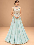 Pastel Mint Green Embellished Lehenga Set with Sleeveless Blouse | Women's Festive Wear