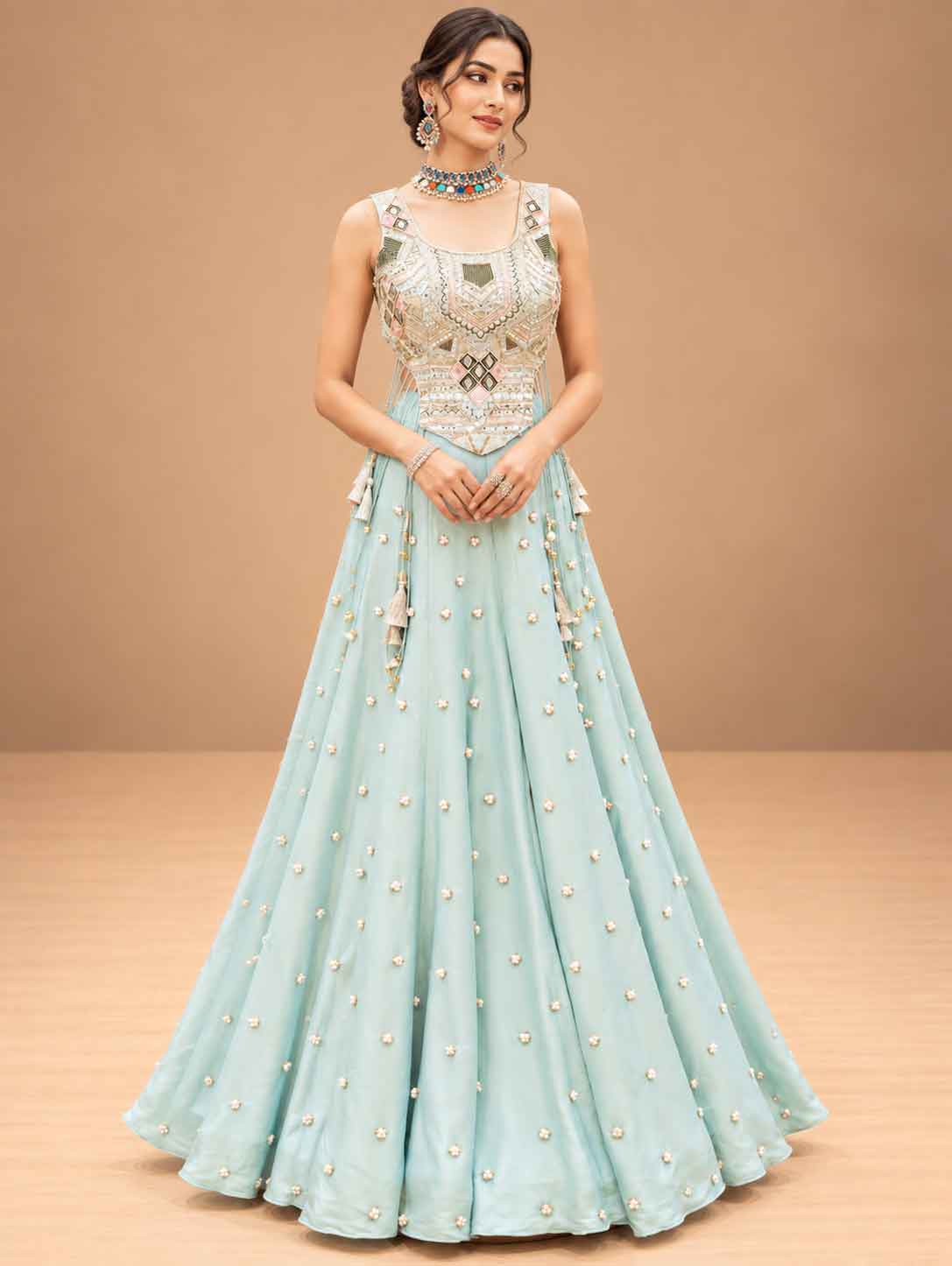 Pastel Mint Green Embellished Lehenga Set with Sleeveless Blouse | Women's Festive Wear