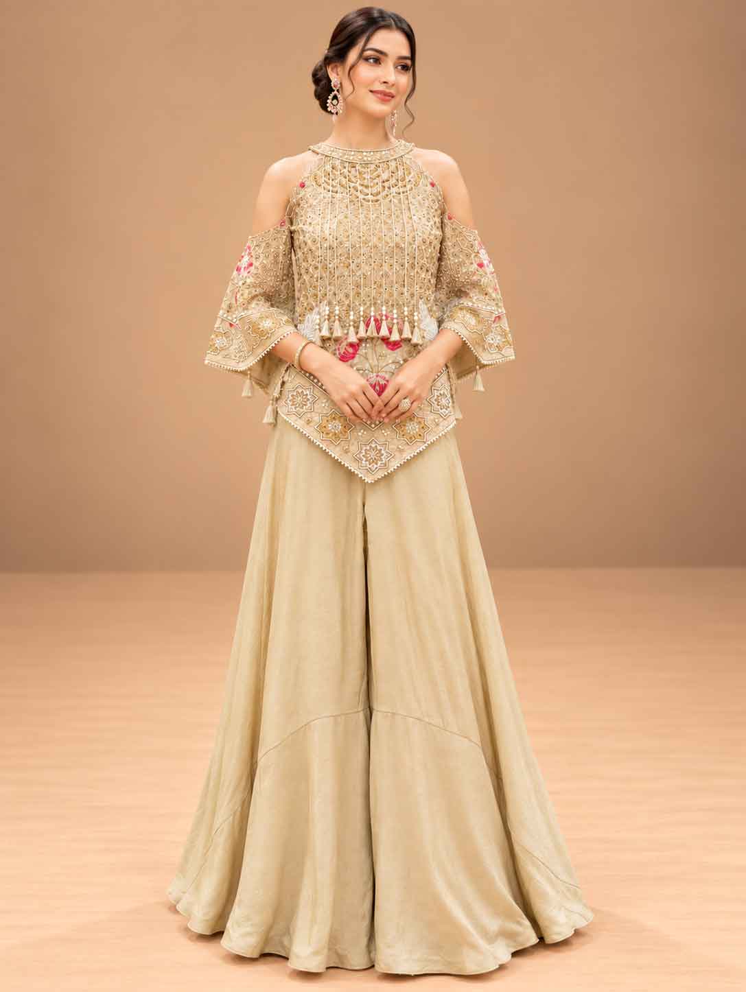 Ivory Embellished Peplum Kurta with Wide-Leg Sharara Set | Women's Festive Wear