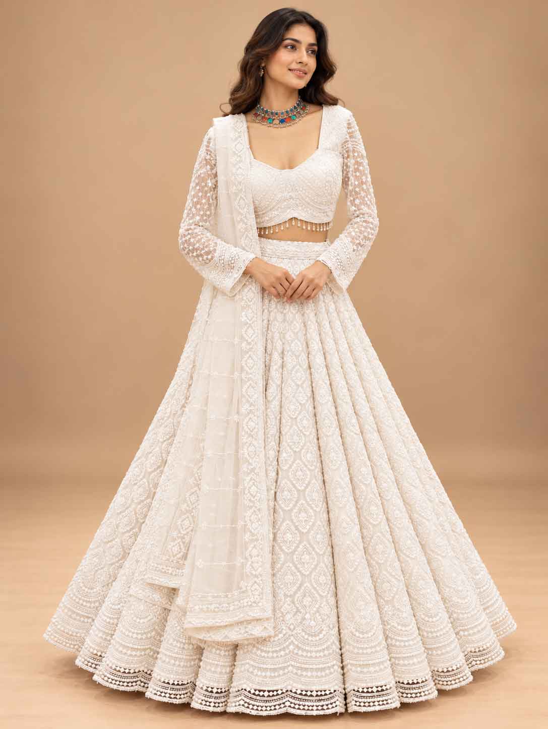 White Embroidered Lehenga Set with Dupatta | Women's Wedding & Festive Wear