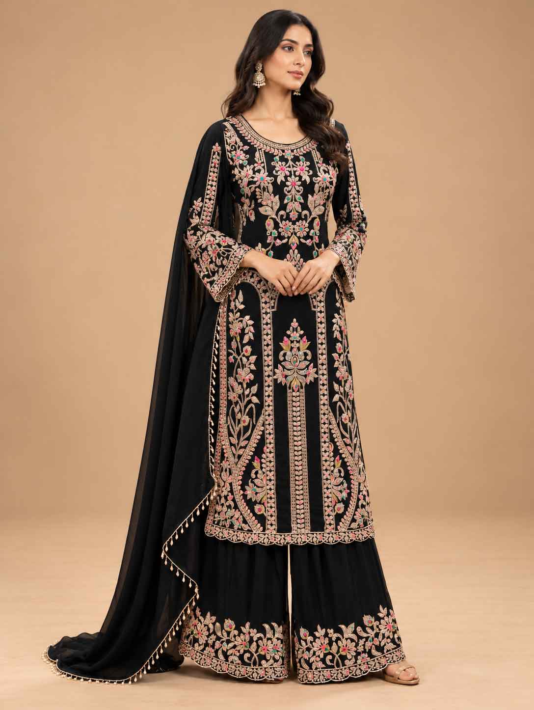 Black Embroidered Anarkali Kurta Set with Palazzo & Dupatta | Women's Ethnic Wear
