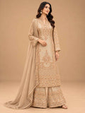 Champagne Beige Embroidered Kurta Set with Palazzo & Dupatta | Women's Festive Wear