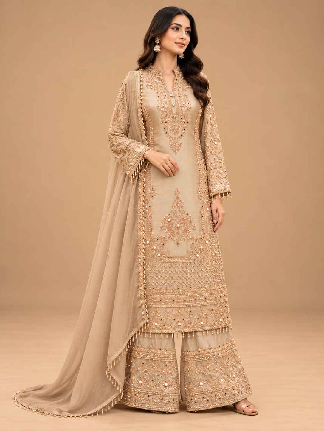 Champagne Beige Embroidered Kurta Set with Palazzo & Dupatta | Women's Festive Wear