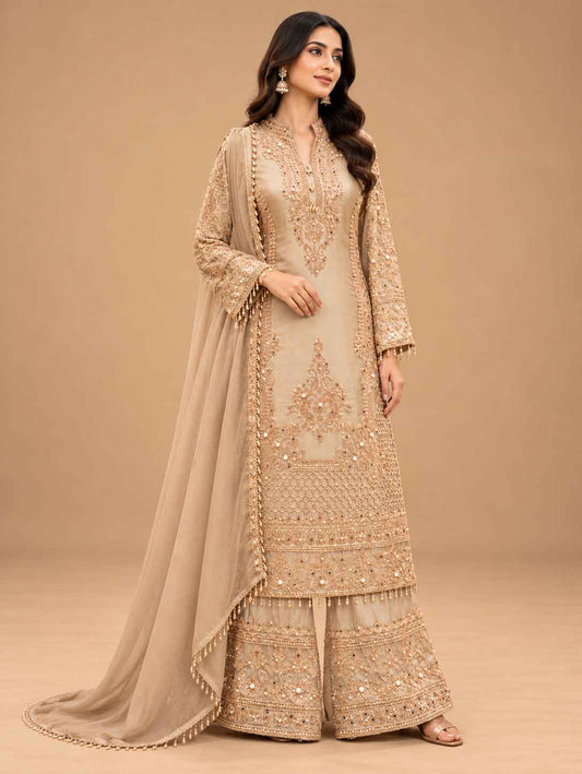 Champagne Beige Embroidered Kurta Set with Palazzo & Dupatta – product view 1