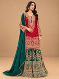 Red & Teal Green Embroidered Sharara Suit Set with Dupatta | Women's Festive Wear