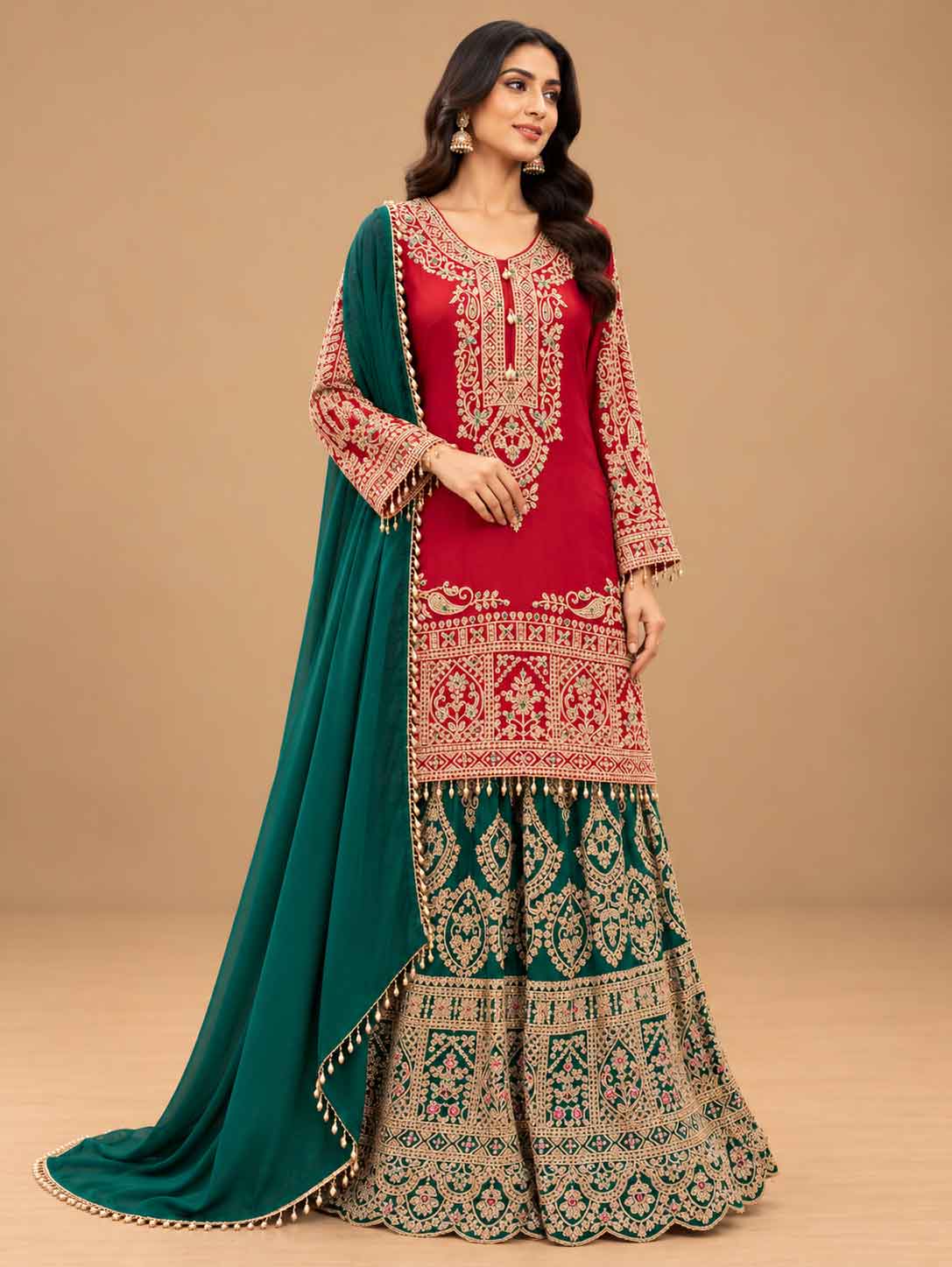 Red & Teal Green Embroidered Sharara Suit Set with Dupatta | Women's Festive Wear