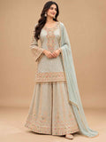 Pastel Mint Green Embroidered Sharara Suit Set with Dupatta | Women's Festive Wear