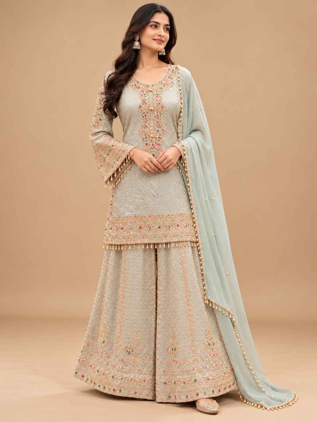 Pastel Mint Green Embroidered Sharara Suit Set with Dupatta | Women's Festive Wear