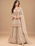 Ivory & Beige Embroidered Sharara Suit Set with Dupatta | Women's Festive Wear