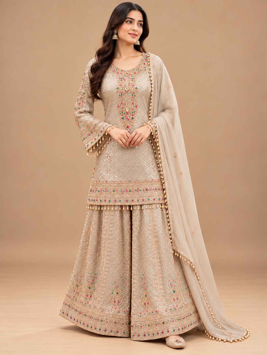 Ivory & Beige Embroidered Sharara Suit Set with Dupatta | Women's Festive Wear