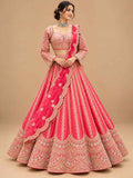 Coral Pink Embroidered Bridal Lehenga Set with Dupatta | Women's Wedding Wear