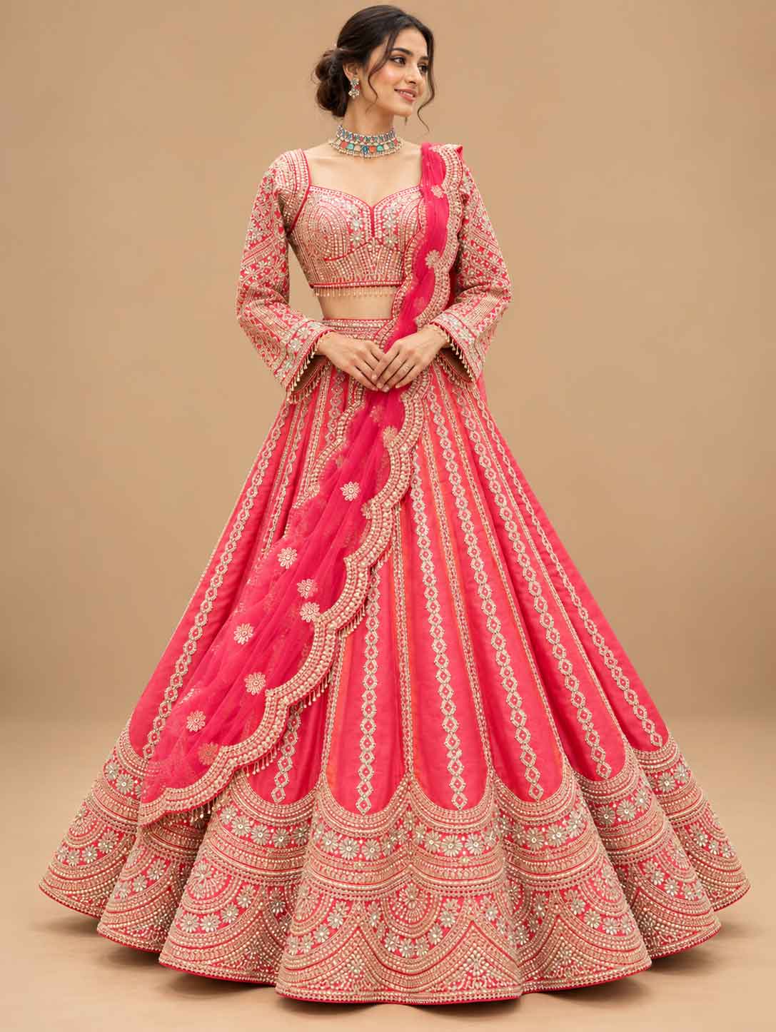 Coral Pink Embroidered Bridal Lehenga Set with Dupatta | Women's Wedding Wear