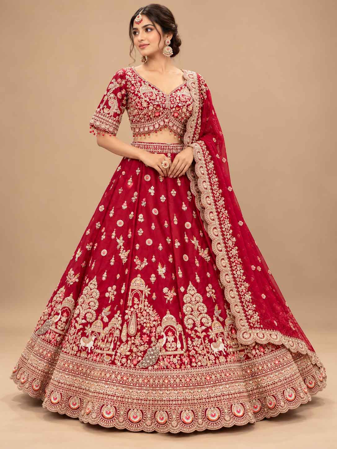 Maroon Red Embroidered Bridal Lehenga Set with Dupatta | Women's Wedding Wear