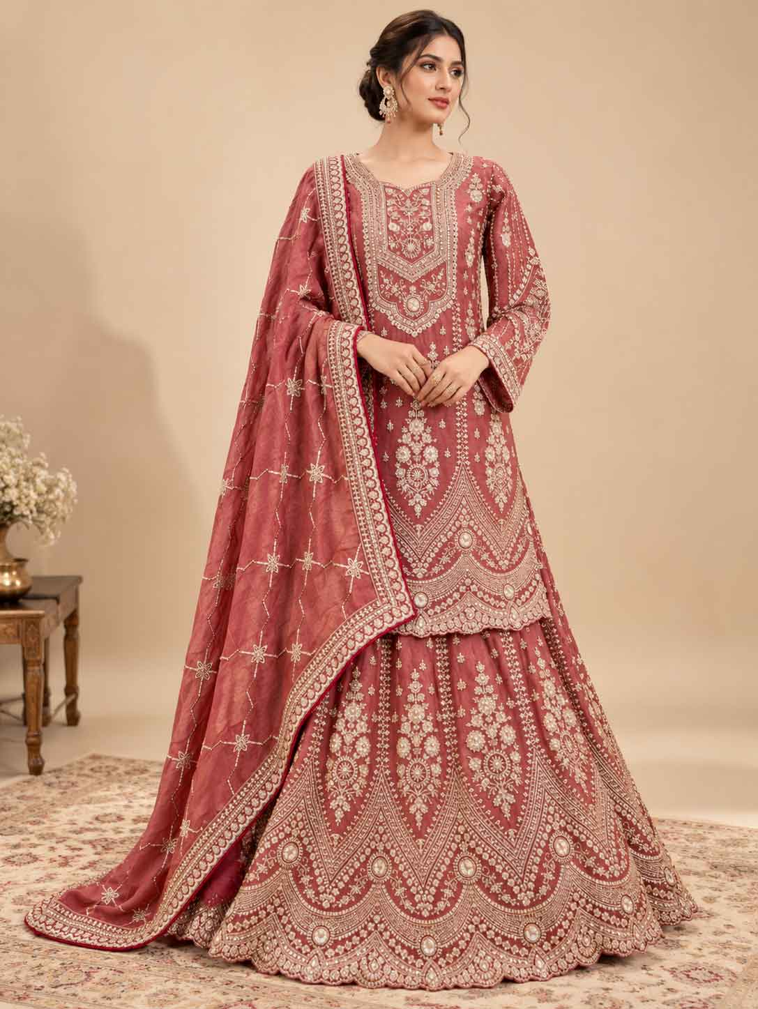 Dusty Rose Embellished Anarkali Suit Set with Printed Flared Bottom & Dupatta | Festive Ethnic Wear