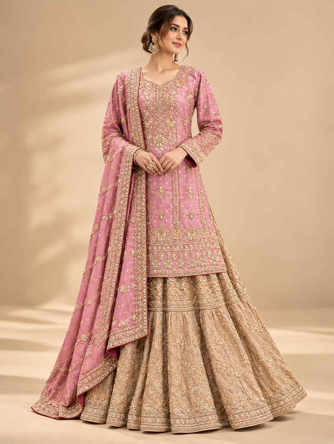 Lavender & Gold Embroidered Anarkali Suit Set with Flared Lehenga & Dupatta | Designer Festive Wear