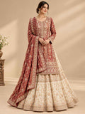 Maroon & Ivory Embroidered Anarkali Suit Set with Flared Lehenga & Dupatta | Designer Wedding Wear