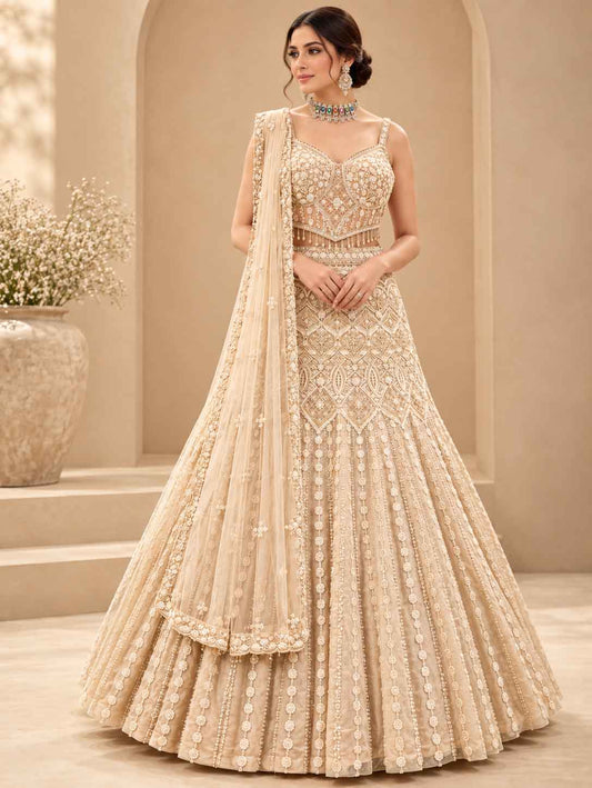 Front view of Gold Embellished Bridal Lehenga Choli with Sheer Dupatta by ASMA