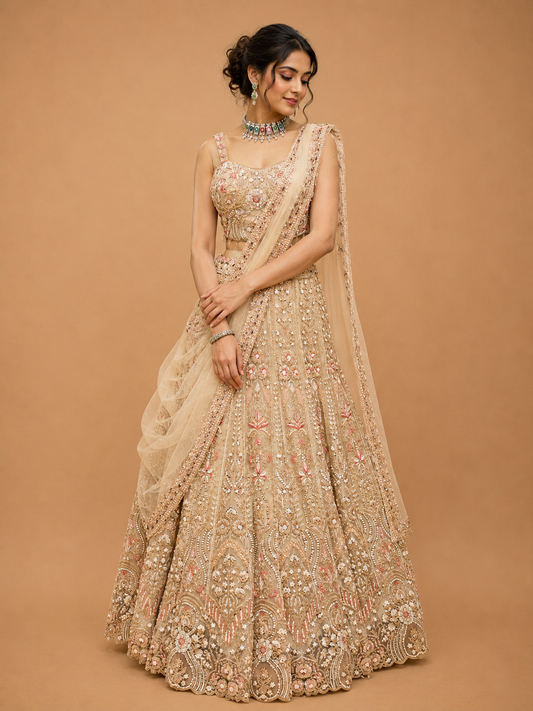 Gold embroidered bridal lehenga with floral detailing and dupatta