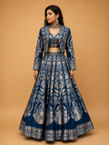 Navy Blue & Gold Printed Lehenga Set with Embroidered Jacket | Festive Wear