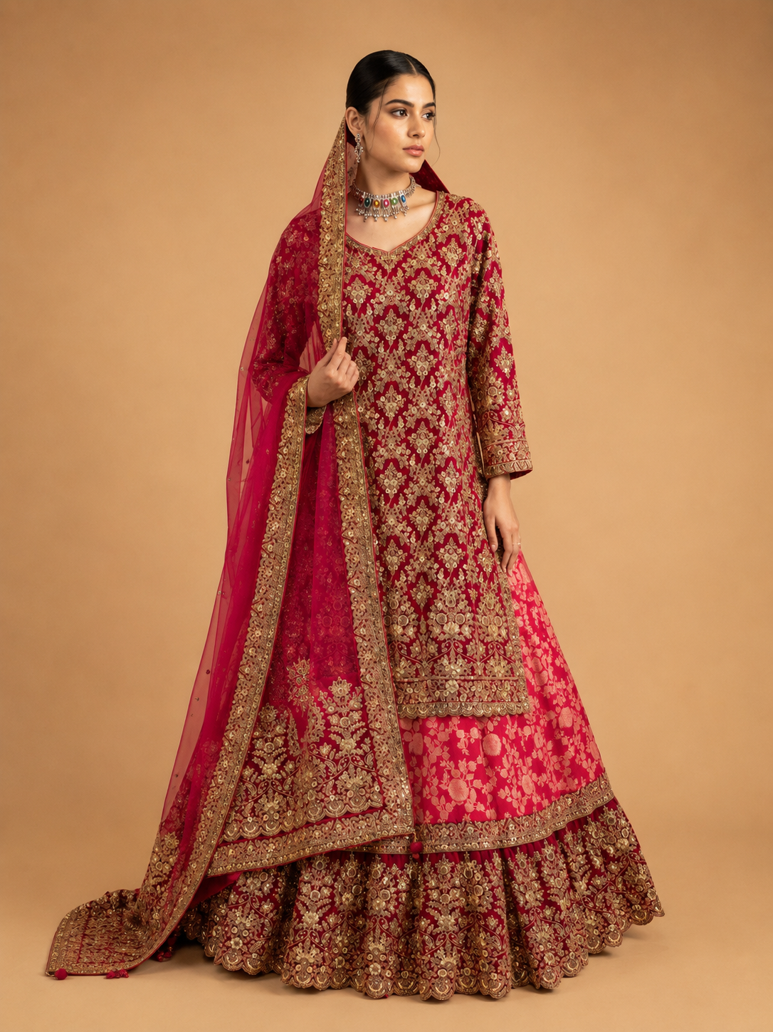 Rani Embroidered Lehenga Set with Gold Detailing & Dupatta | Bridal & Wedding Wear