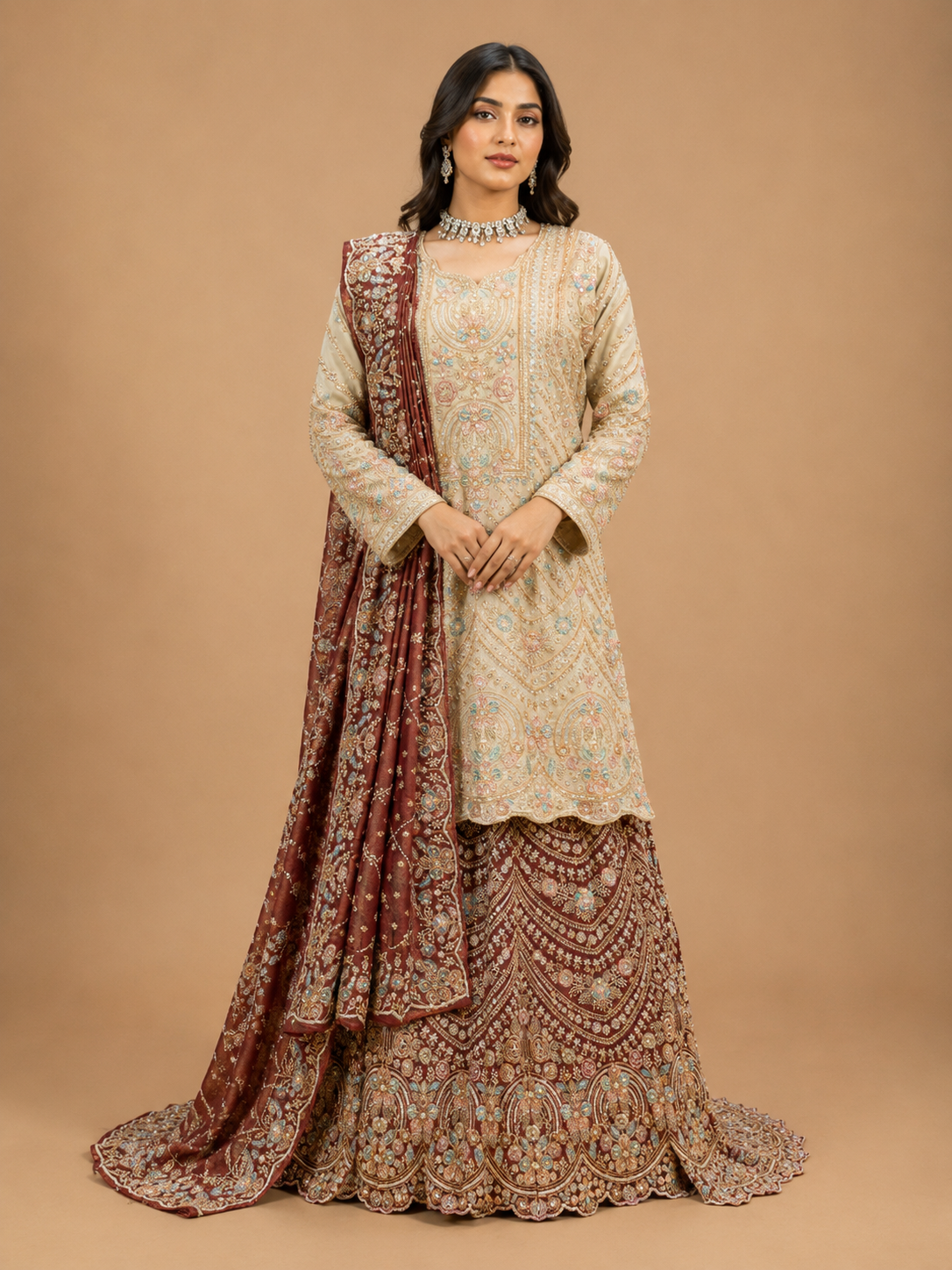 Maroon Embroidered Sharara Set with Ivory Kurta & Printed Dupatta | Wedding Wear