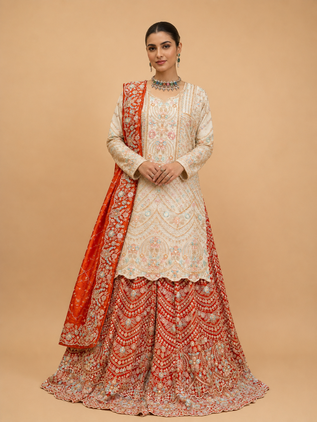 Rani Embroidered Sharara Set with Ivory Kurta & Dupatta | Festive Wedding Wear