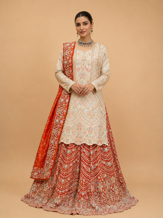 Rani embroidered sharara set with ivory kurta and dupatta