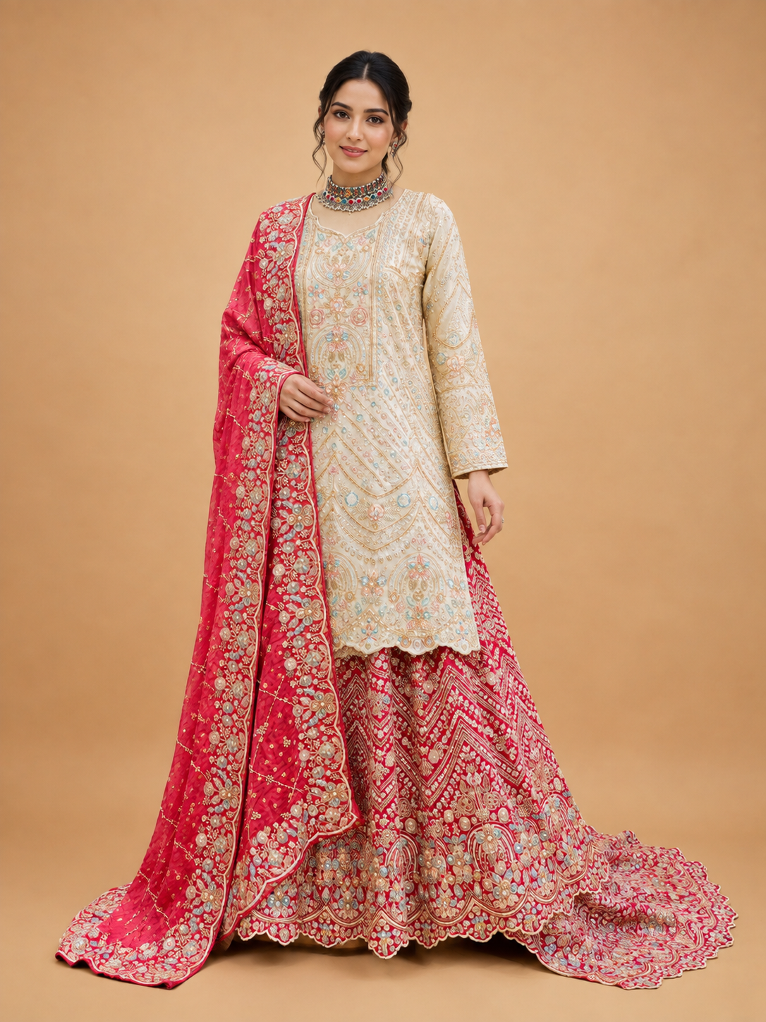Rani Embroidered Sharara Set with Ivory Sharara & Printed Dupatta | Festive Wear