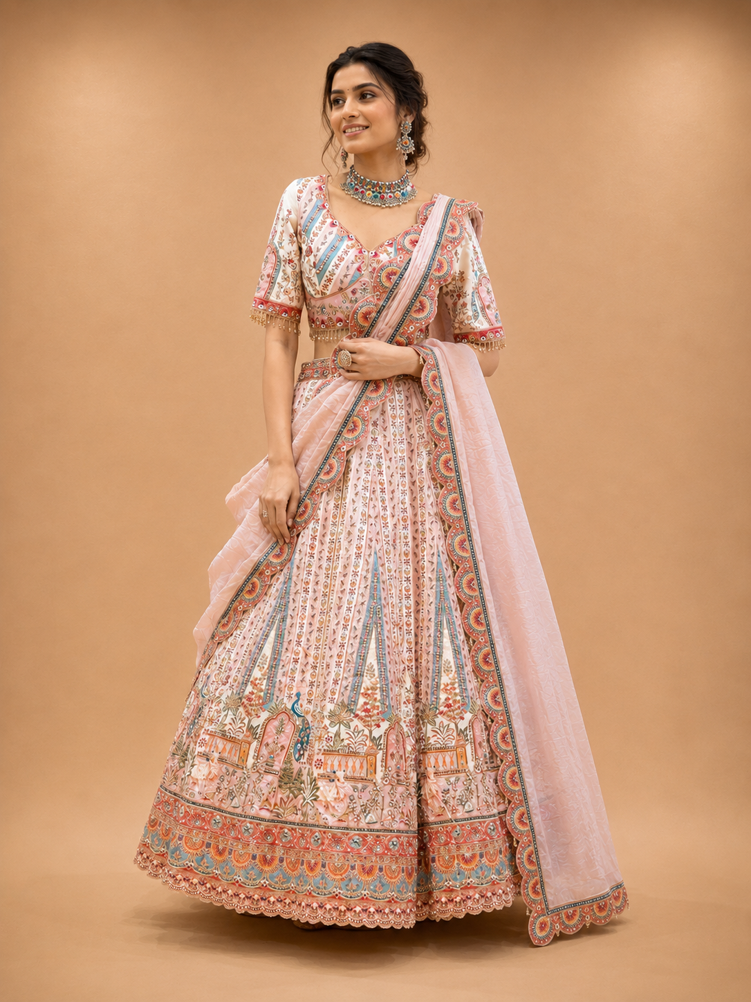 Cream Printed Lehenga Set with Embellished Blouse & Dupatta | Festive Wear