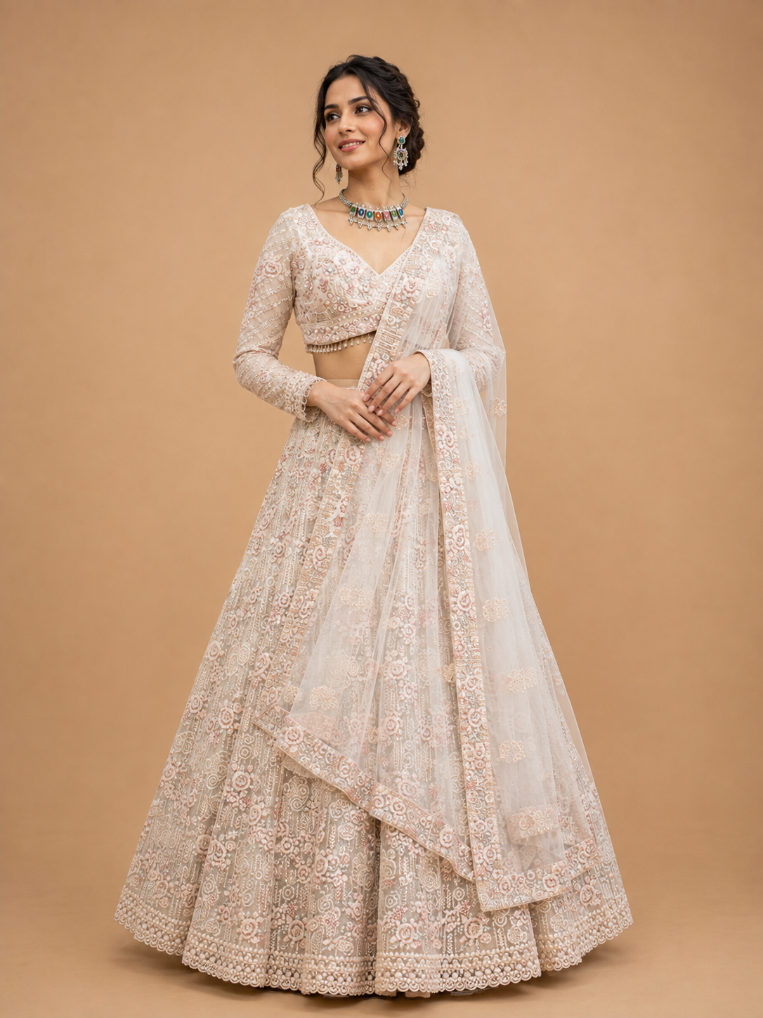 Ivory Embroidered Lehenga Set with Blouse & Dupatta | Wedding & Festive Wear