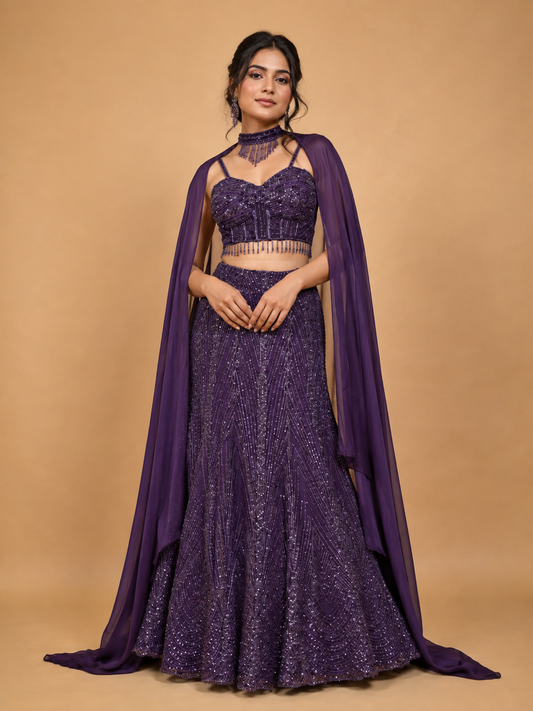 Wine embroidered lehenga set with blouse and dupatta