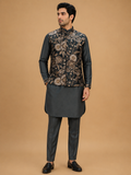 Men's Grey Kurta Pajama with Floral Printed Nehru Jacket | Premium Wedding & Festive Ethnic Wear