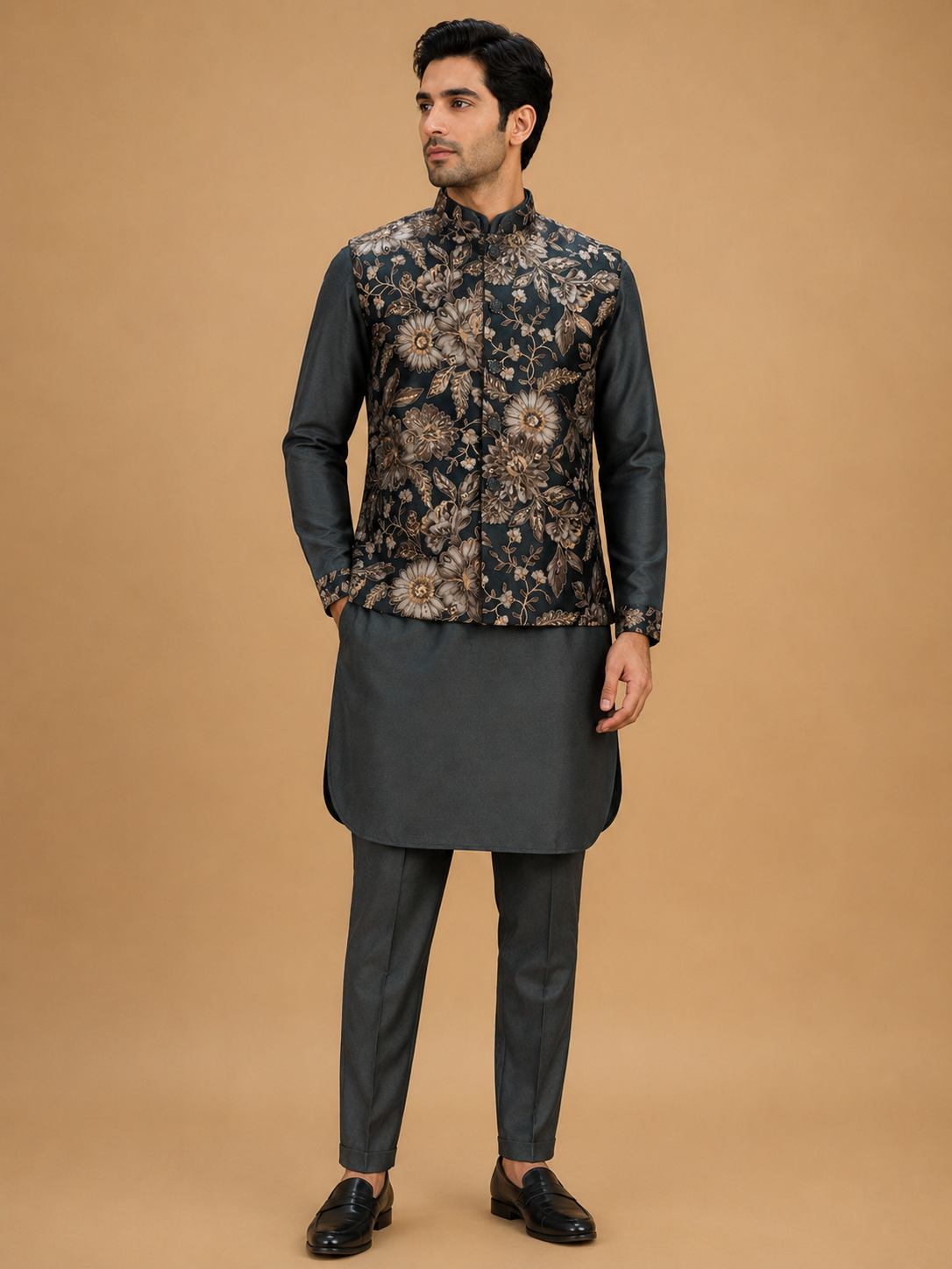 Men's Grey Kurta Pajama with Floral Printed Nehru Jacket | Premium Wedding & Festive Ethnic Wear