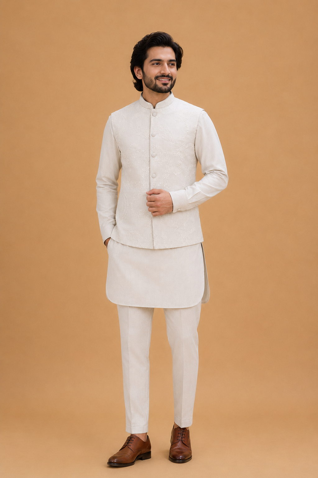 Men's Cream Kurta Pajama with Self-Textured Nehru Jacket | Premium Wedding & Festive Ethnic Wear