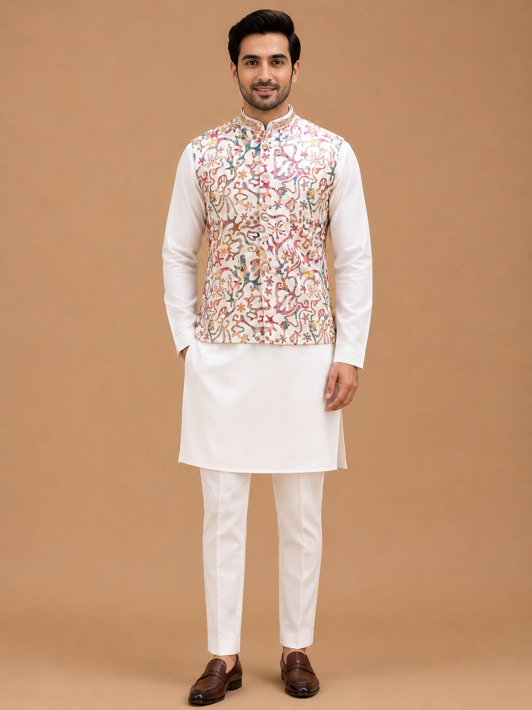 Men's White Kurta Pajama with Multicolor Printed Nehru Jacket | Designer Festive & Wedding Ethnic Wear